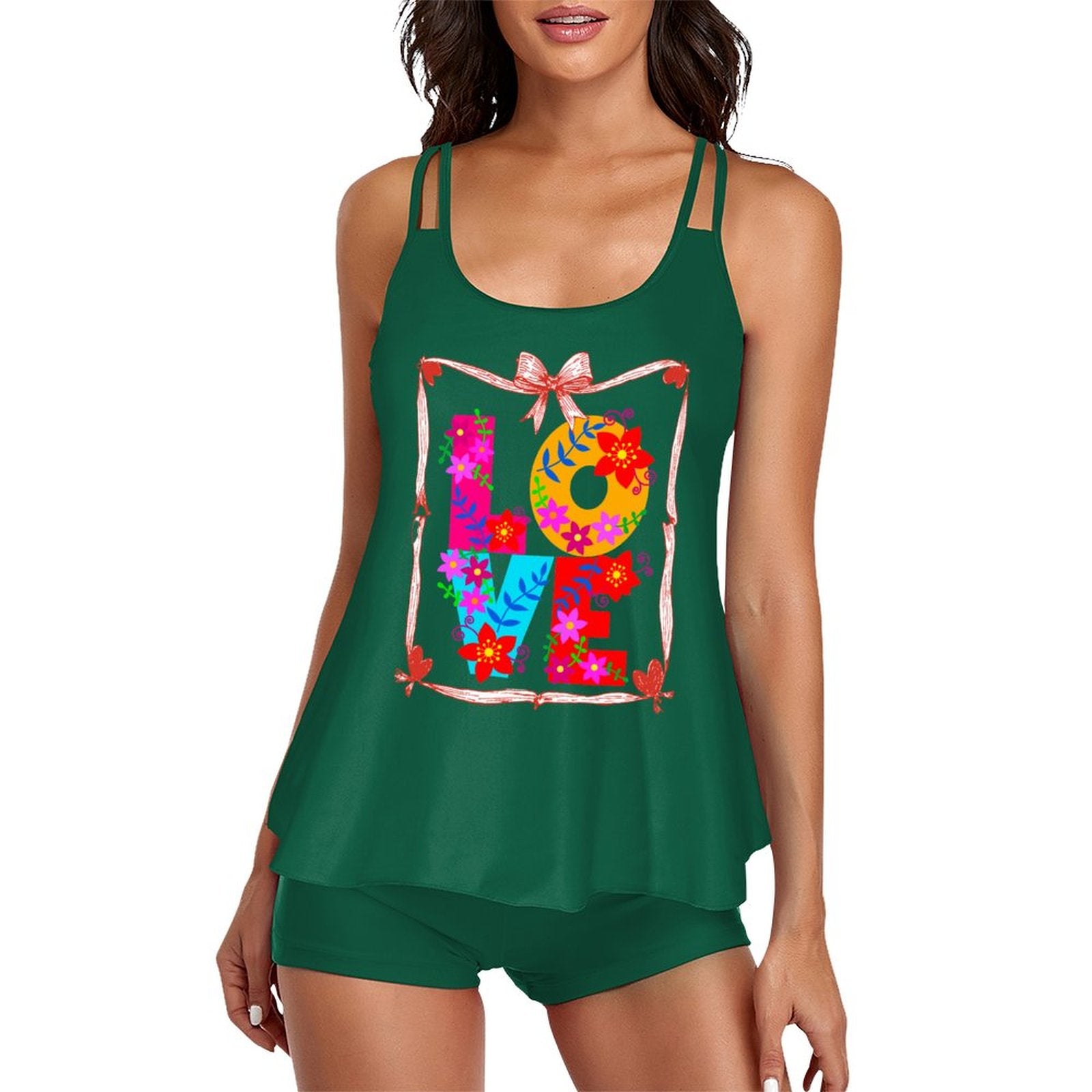Floral LOVE Tankini Two-Piece Swimsuit for Women (Front Printing)