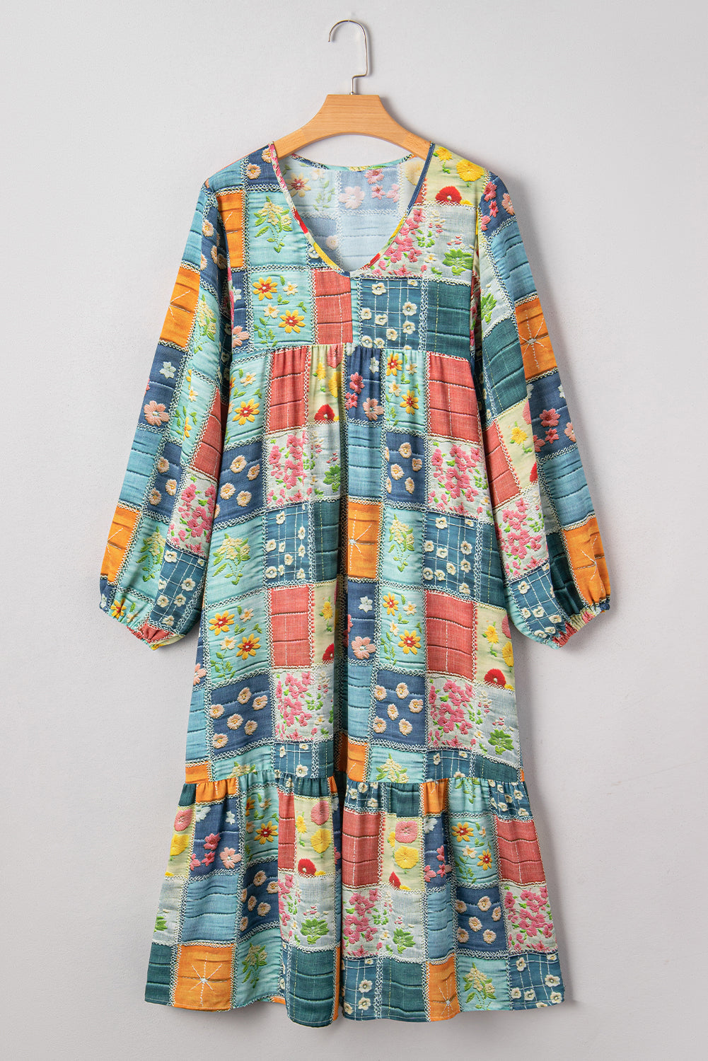 Floral Patchwork Long Sleeve Ruffle Hem Midi Dress