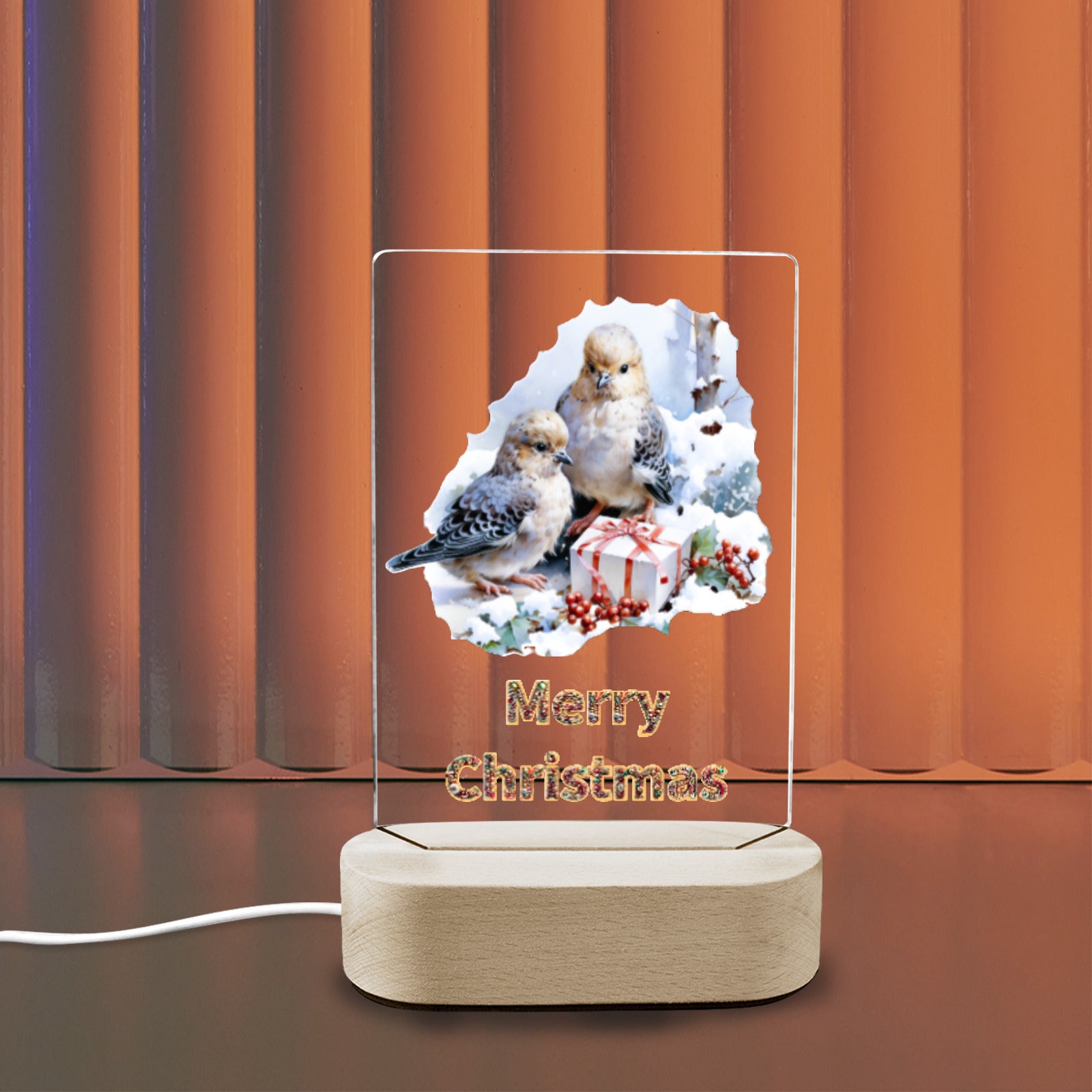 Merry Christmas Birds Acrylic Photo Panel with Lighted Stand (Made in USA)