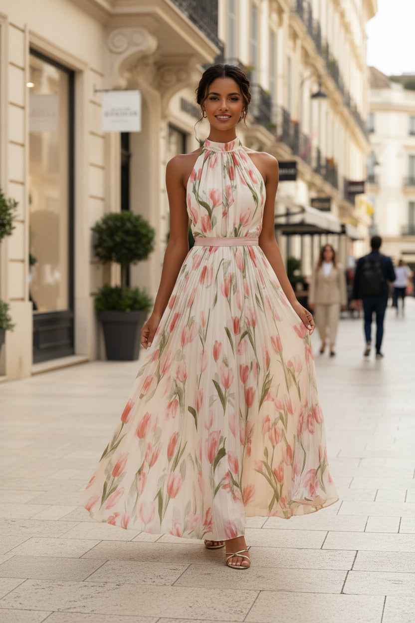 Women's Halterneck High-Waist Swing Dress – Floral & Solid Prints