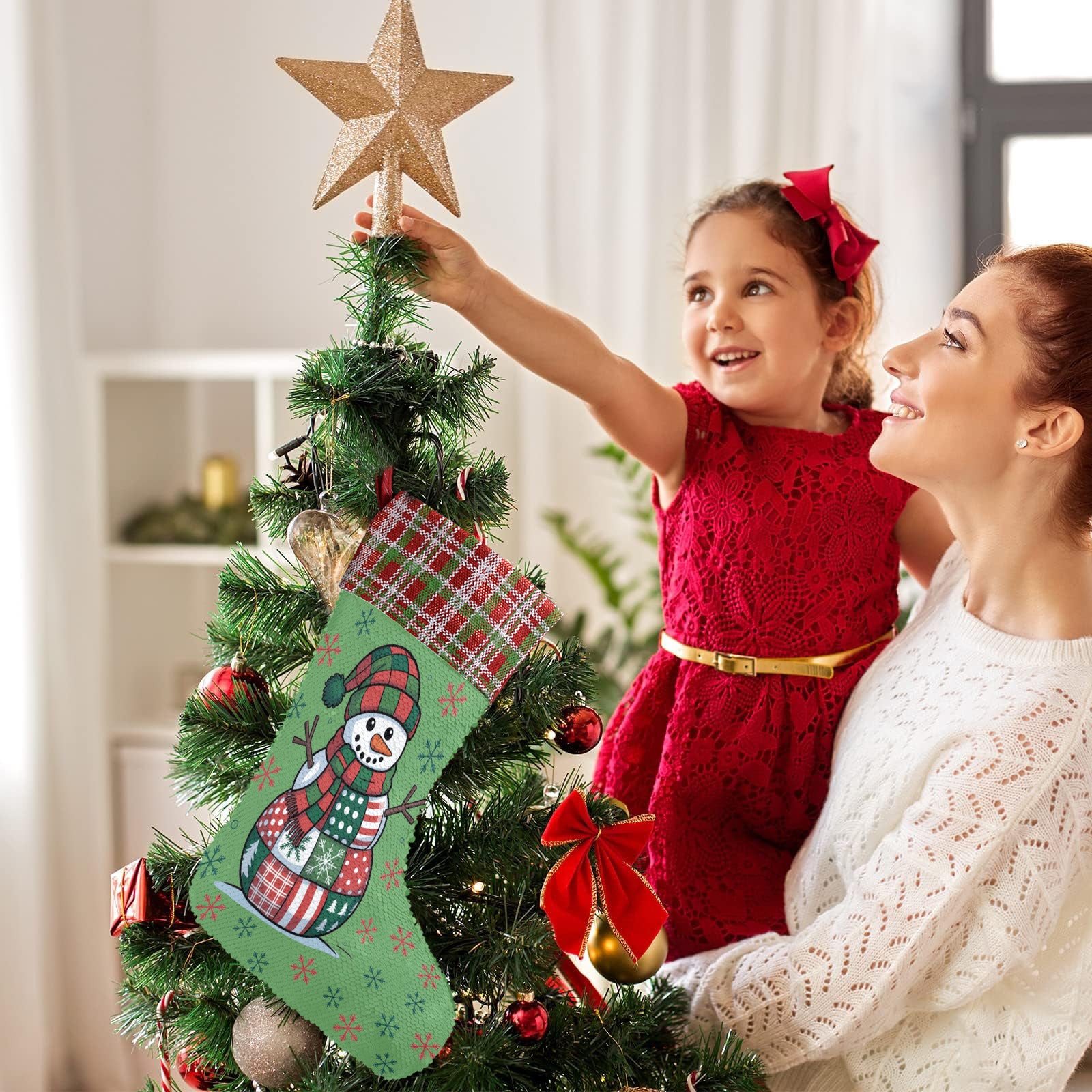 Patchwork Snowman Sequin Christmas Stocking (Made in USA)