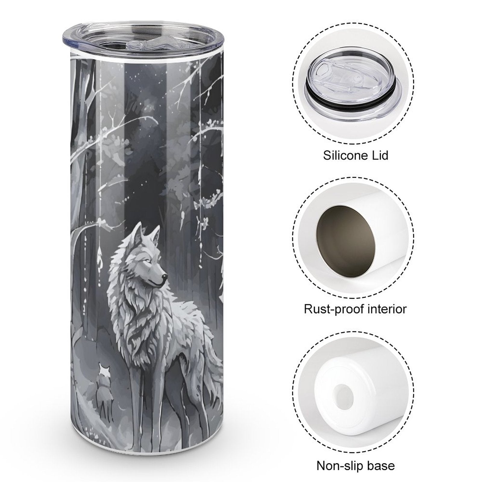 Ethereal Wolf in the Moonlight 20oz Stainless Steel Skinny Tumbler With Lid