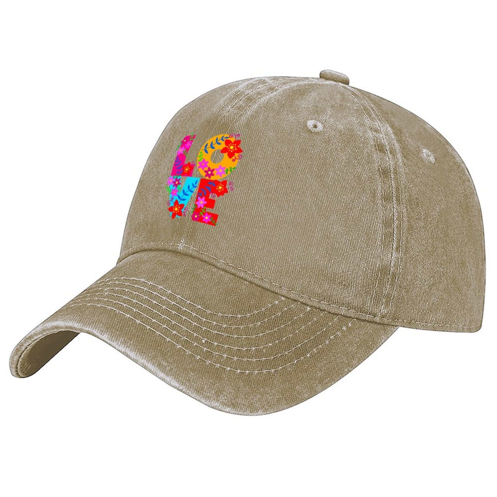 Floral LOVE Cotton Vintage Washed Denim Baseball Cap (Front Printing)