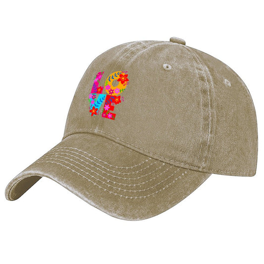 Floral LOVE Cotton Vintage Washed Denim Baseball Cap (Front Printing)