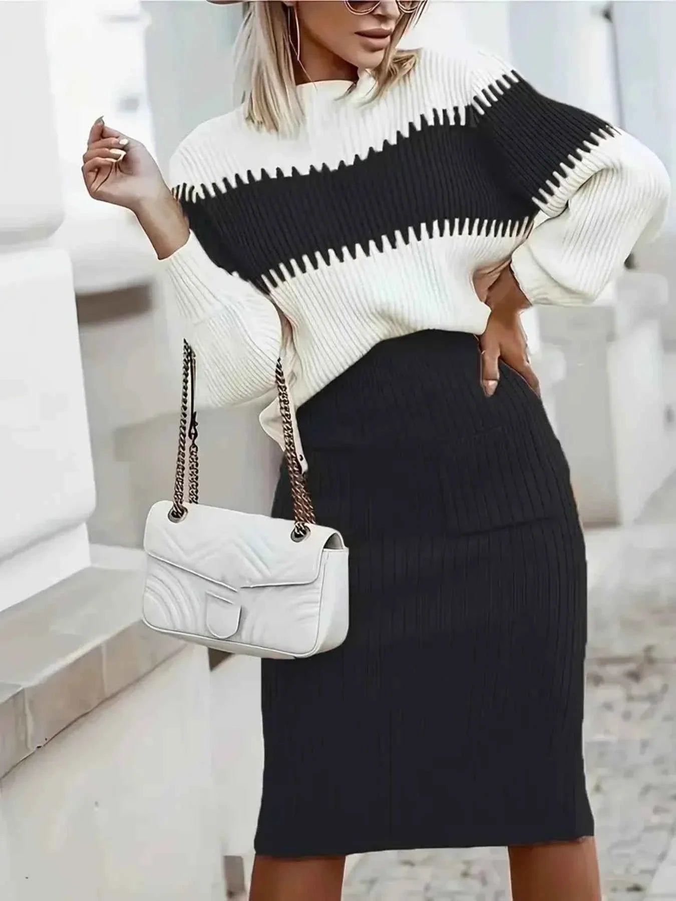 Two-Tone Ribbed Knit Top & Skirt Set Sweater Outfit