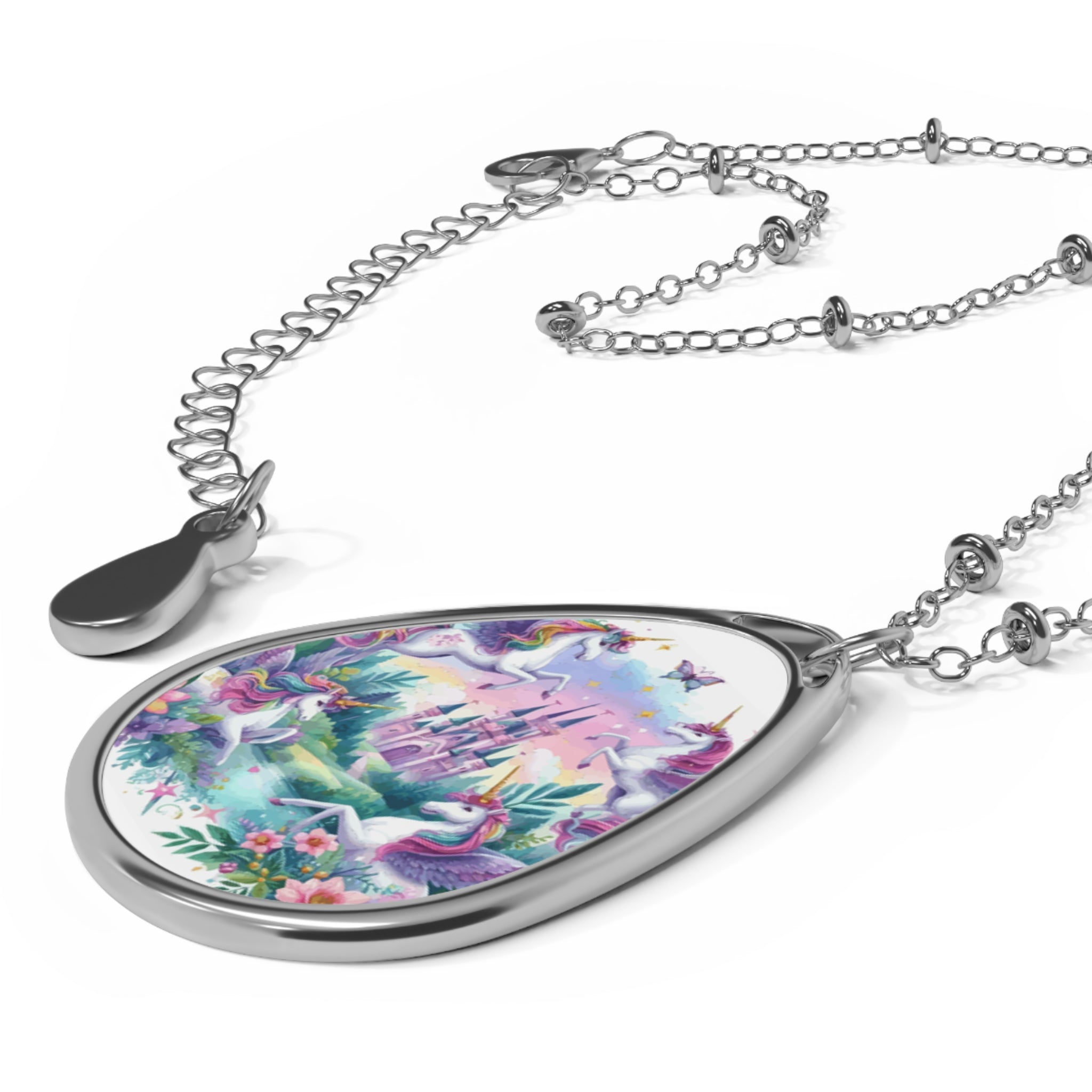 Purple Flying Unicorns Oval Necklace