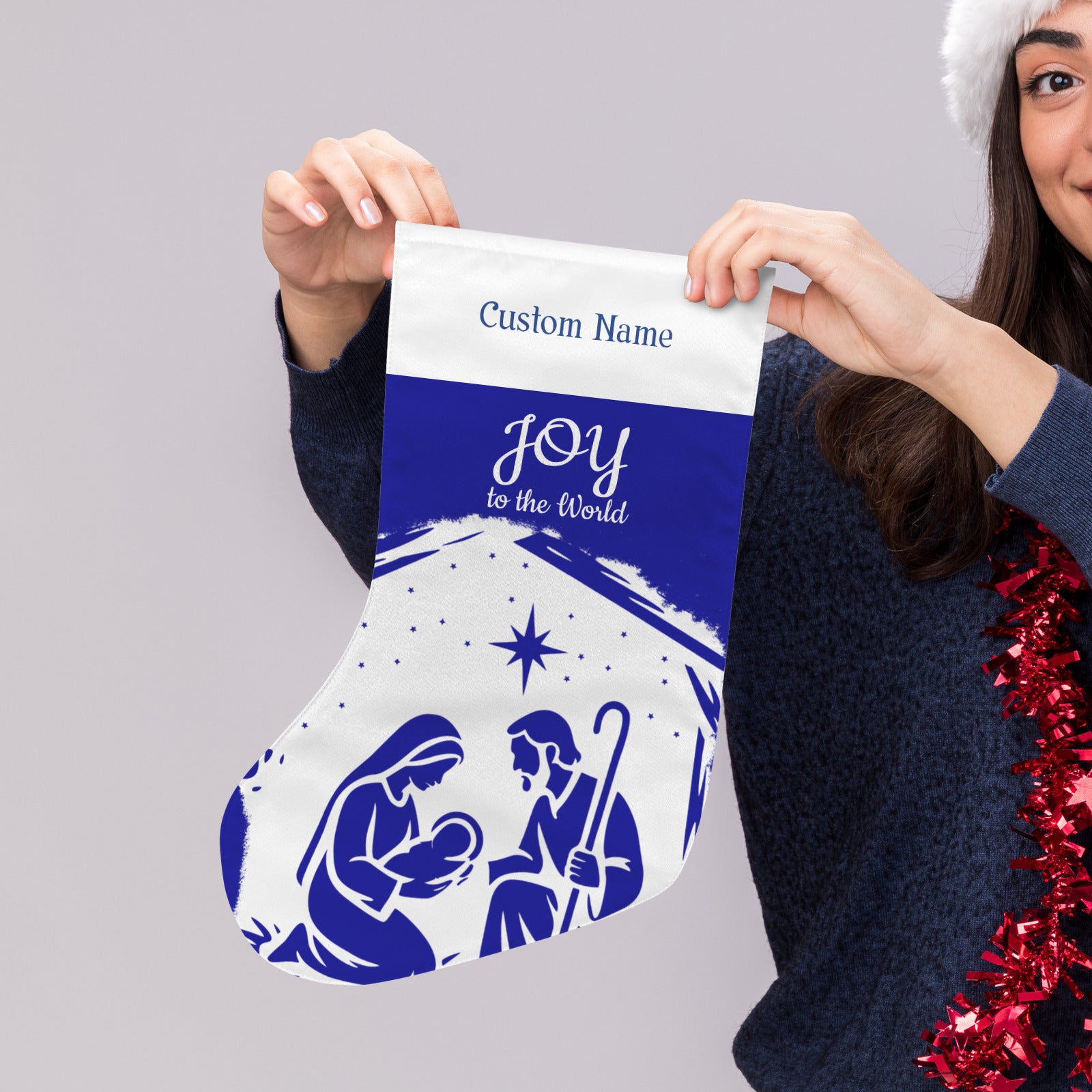Personalizable Blue Joy to the World Christmas Stocking (Made in USA)