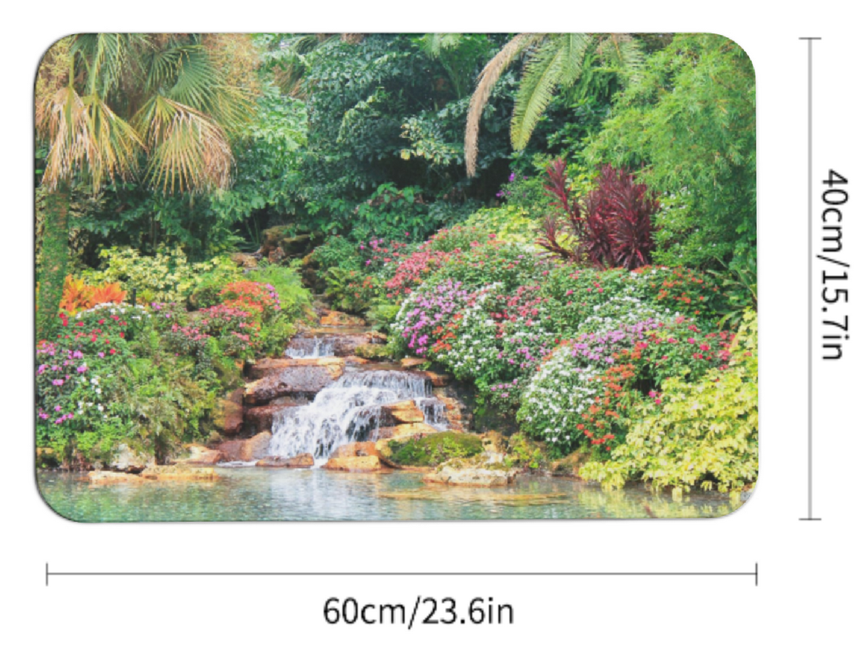 Serene Tropical Garden and Waterfall Design Diatomaceous Earth Bath Mat | Ships from USA