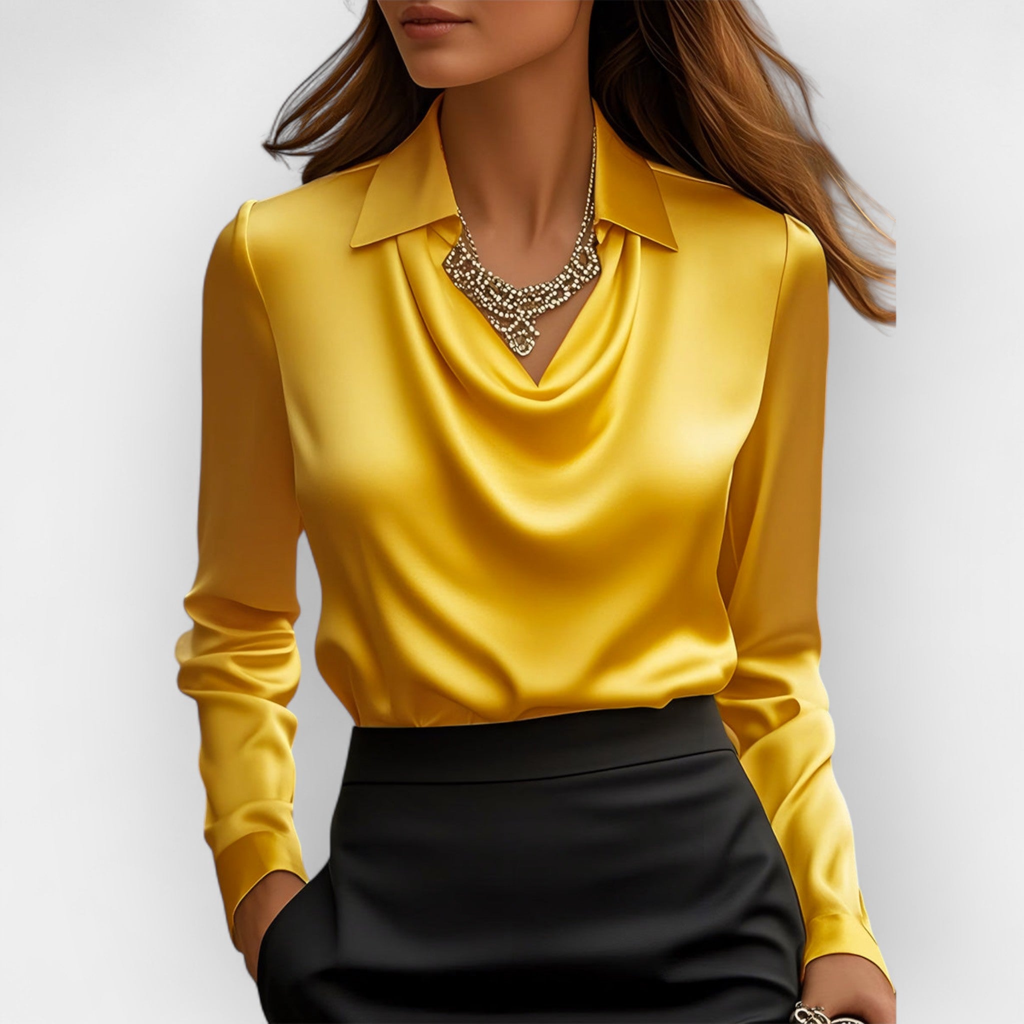 Women's Satiny Cowl Neck Elegantly Draped Long Sleeve Blouse