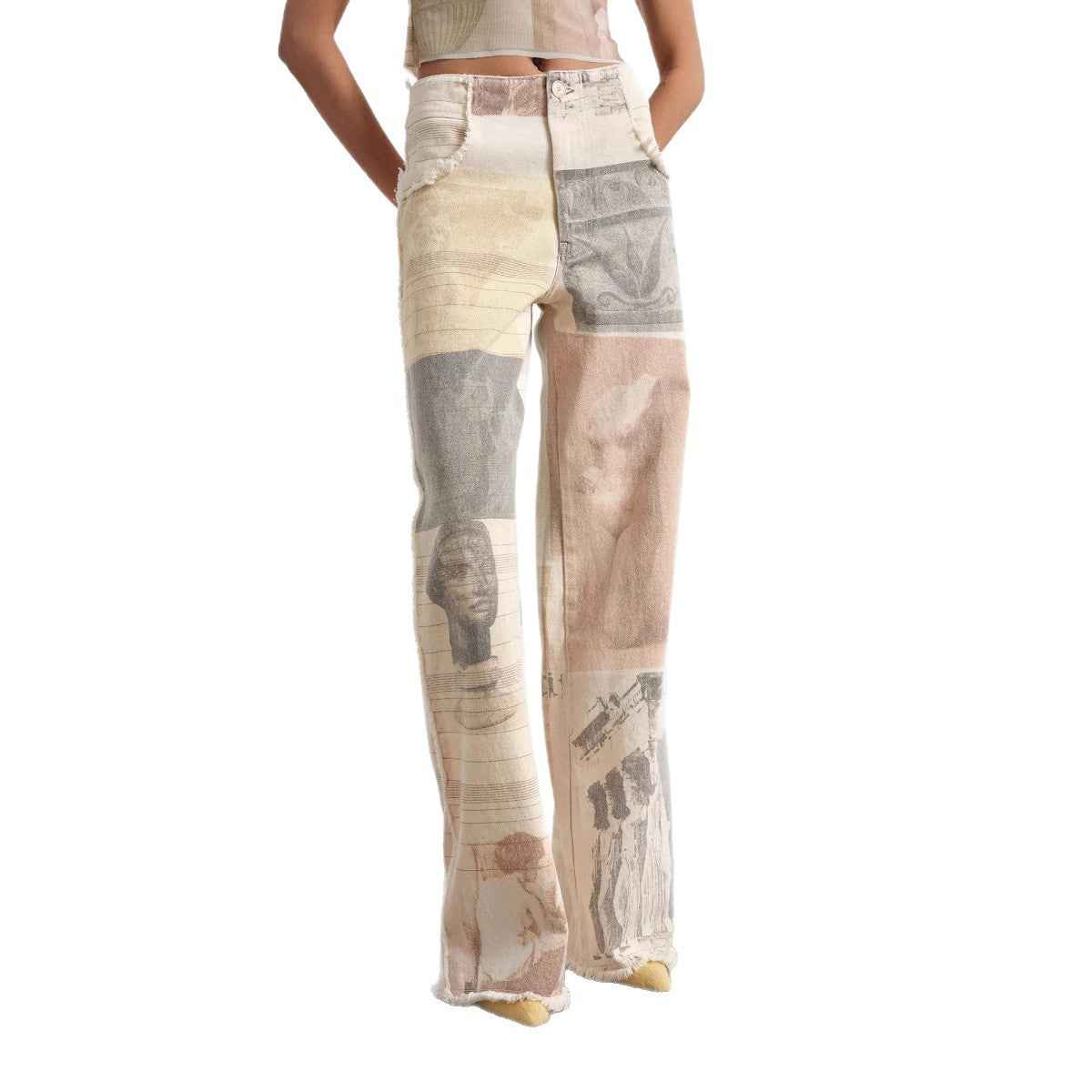 Retro loose print design with wide leg straight leg and floor length denim pants