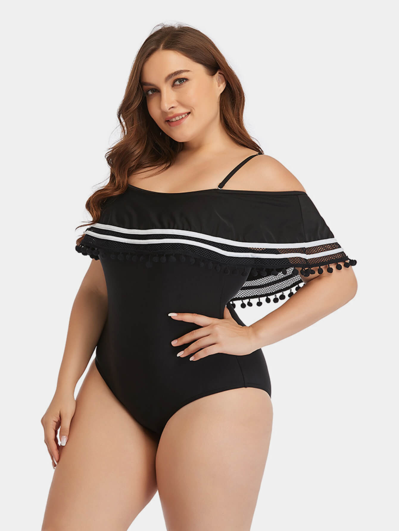 Women's Plus Size Striped Cold-Shoulder One-Piece Swimsuit