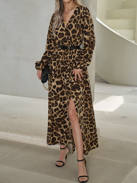 Vestido elegante con abertura y cuello en V con estampado de leopardo para mujer hasta 3XL