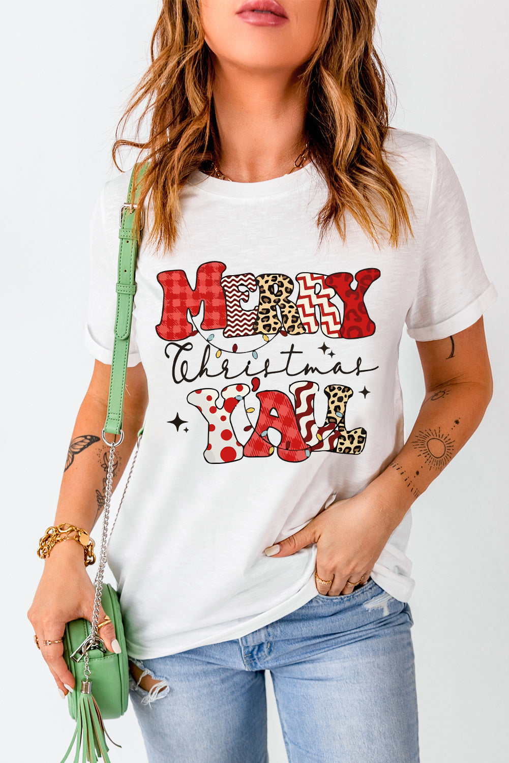 White MERRY Christmas Y'all Graphic Crewneck T Shirt