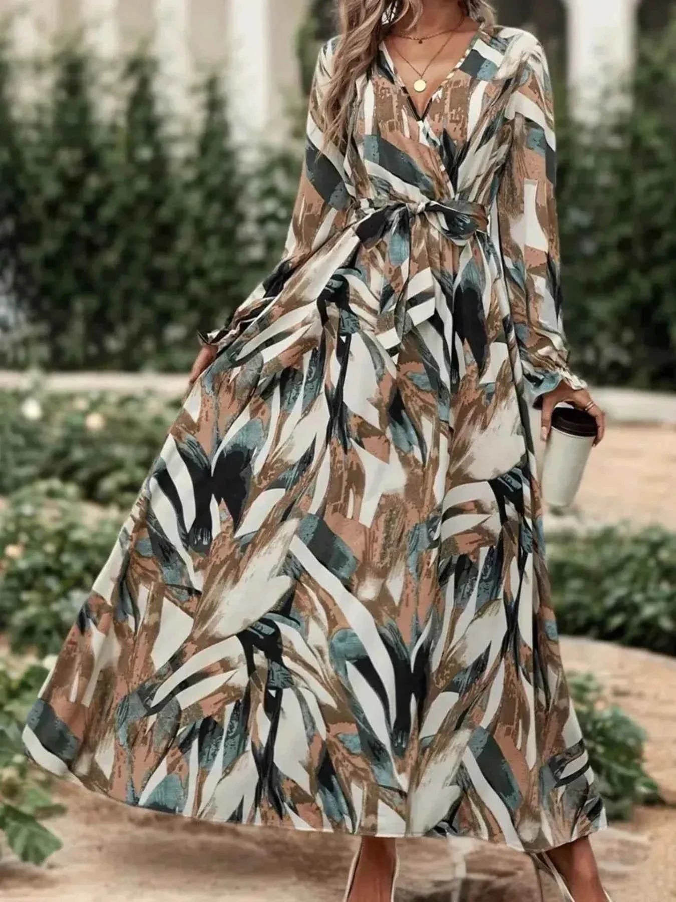 Printed Surplice Belted Flounce Long Sleeve Maxi Dress