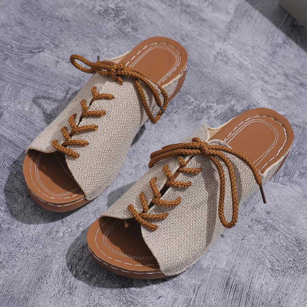 Women's Beige Lace-Up Open Toe Wedge Sandals