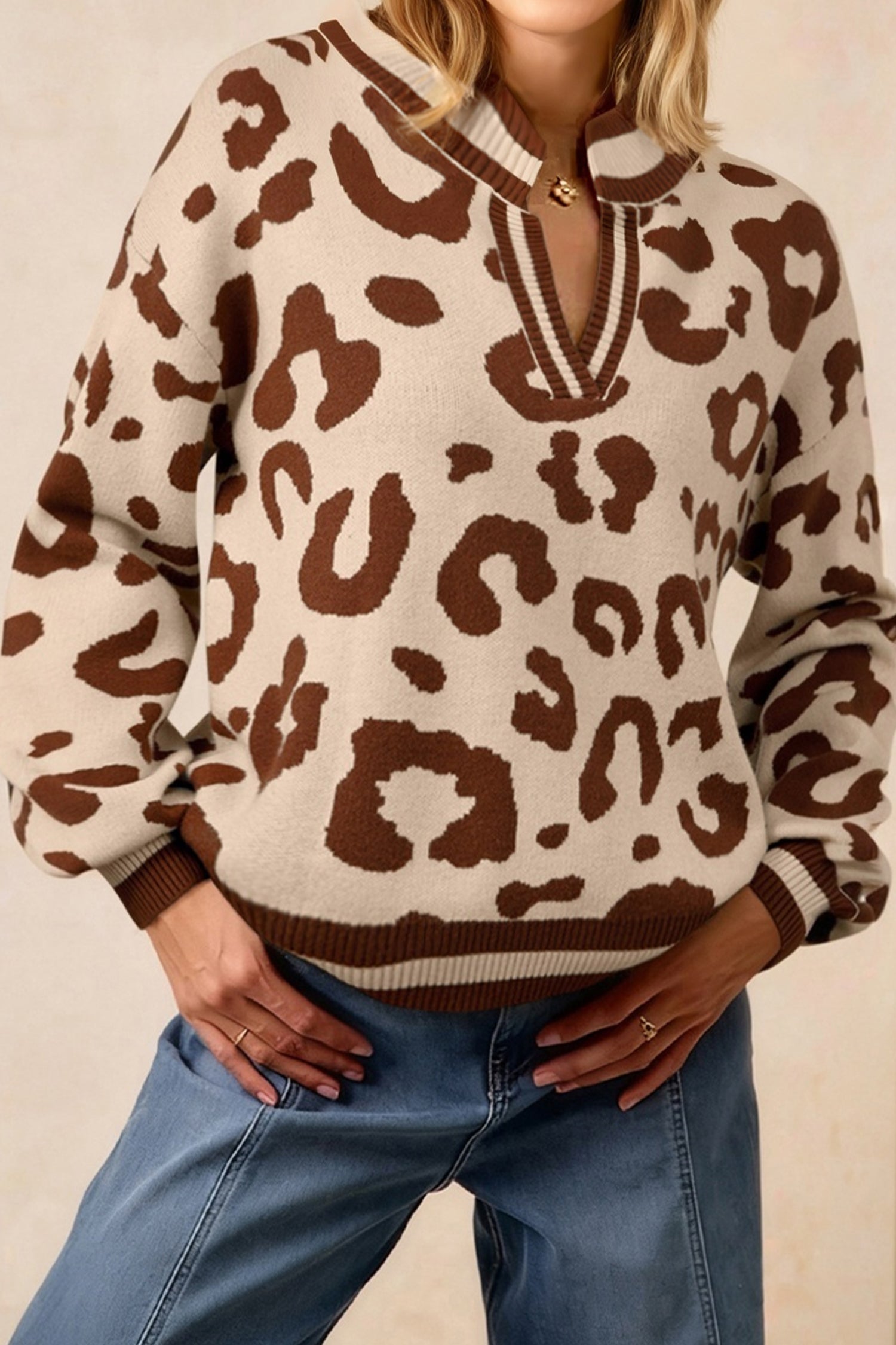 Women's Leopard Print Knit V-Neck Sweater