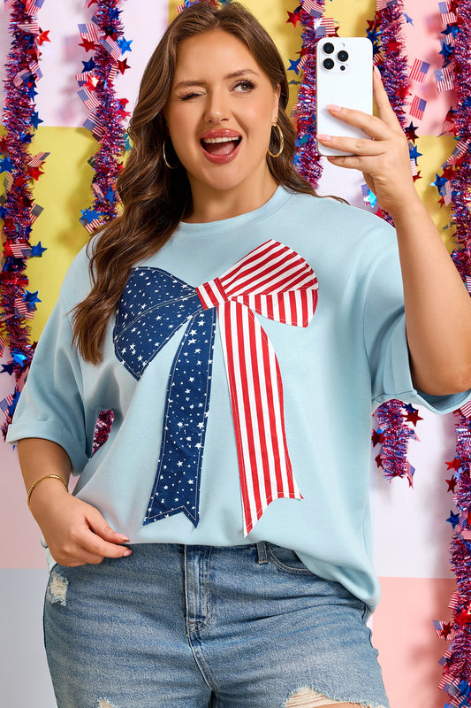 Plus Size Patriotic Stars & Stripes Bow Patchwork T-Shirt