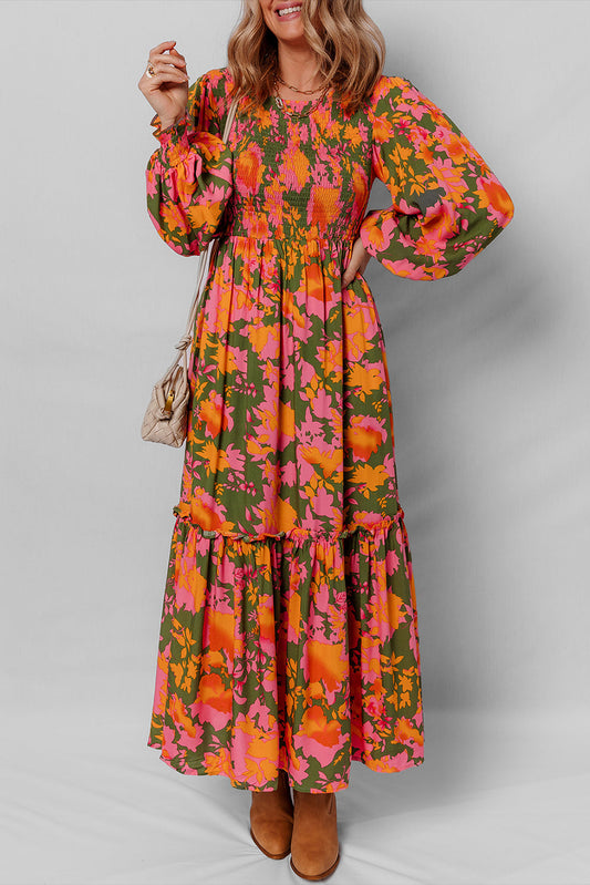 Orange Floral Puff Sleeve Smocked Ruffle Maxi Dress