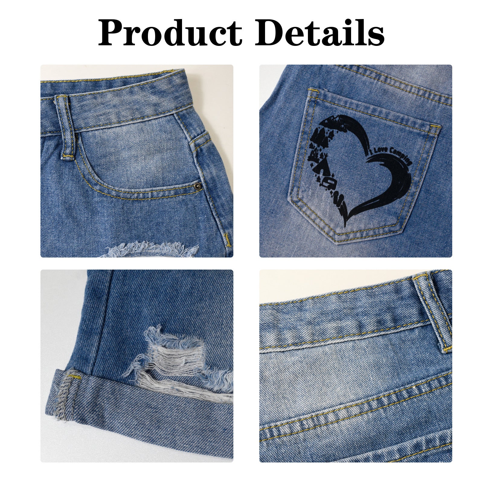 I Love Camping Light Blue Denim Shorts with Dual Pockets Design
