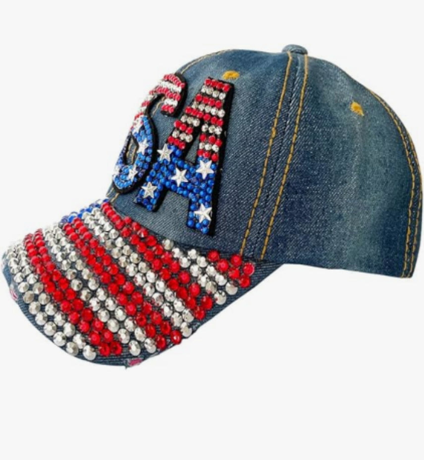 USA Rhinestone Denim Distressed Baseball Cap Hat