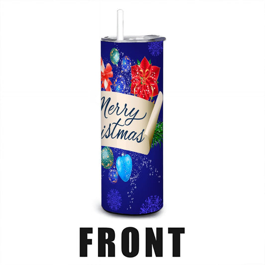 Blue Merry Christmas 20oz Straight Stainless Steel Tumbler with Straw（Made in USA)
