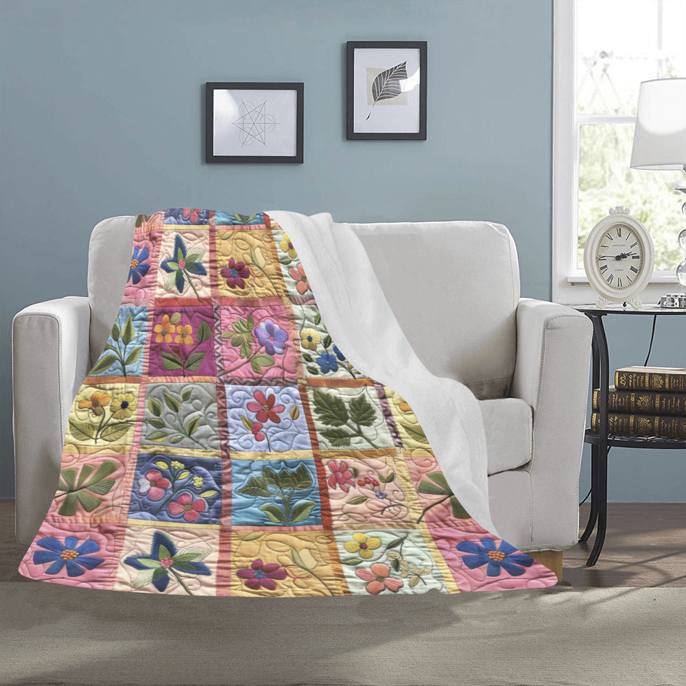 Quilted Embroidery Faux Design Ultra-Soft Micro Fleece Blanket (Made in USA)