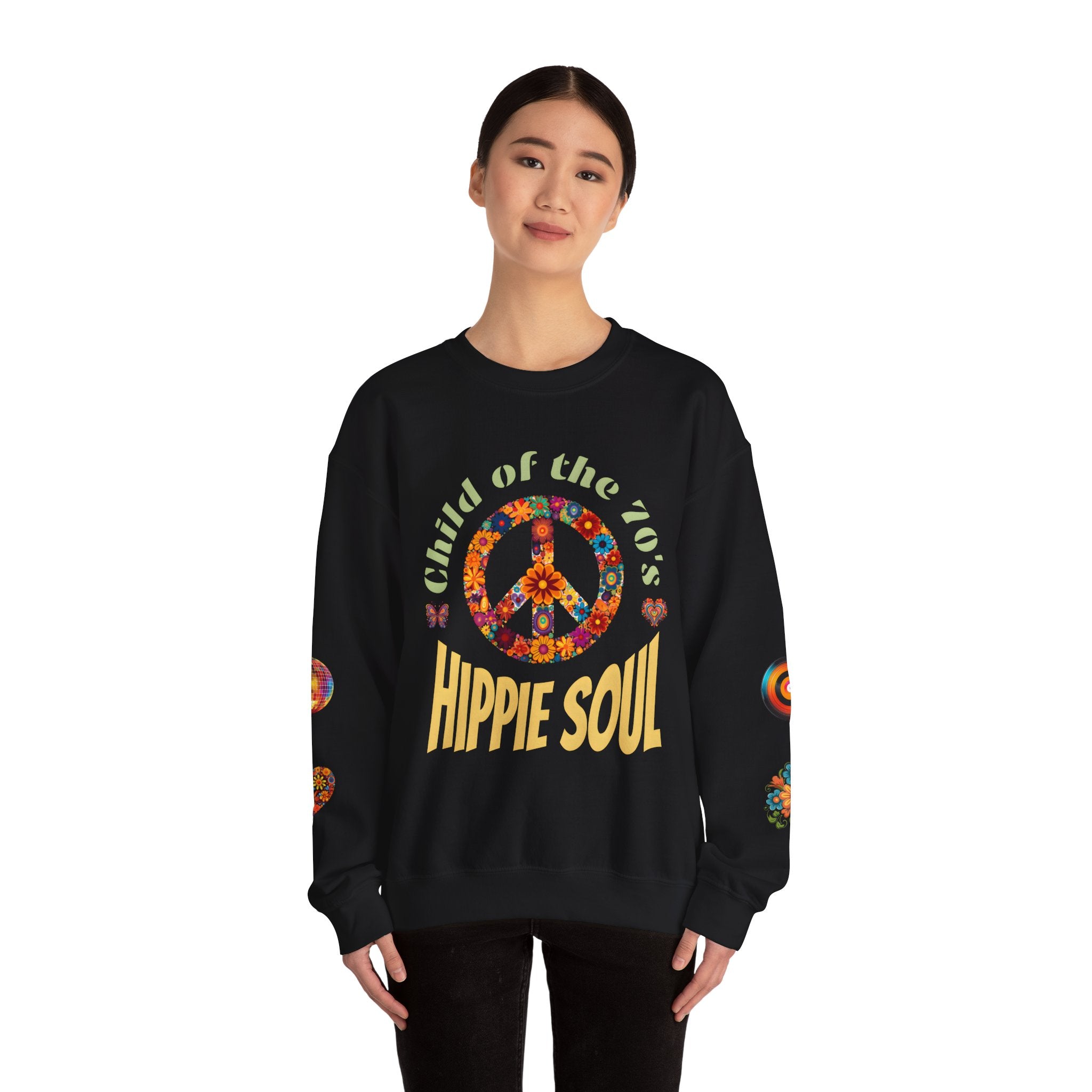 Retro Hippie Soul Crewneck Sweatshirt, Vintage 70s Fashion, Peace Sign Design, Gift for 1970's Lovers, Unisex Apparel, Cozy Sweatshirt