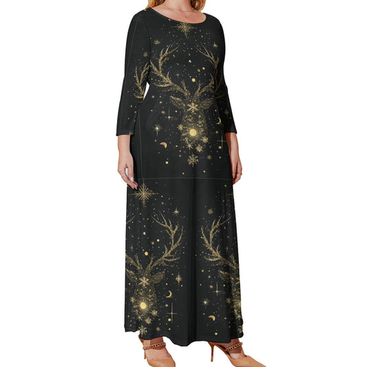 Women's Sparkle Reindeer Plus Size Crew Neck Long Sleeve Maxi Dress