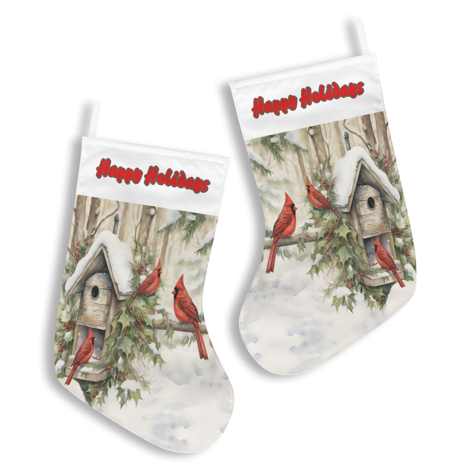Happy Holidays Red Birds in Snow Christmas Stocking - Double sided print (Made in USA)