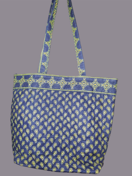 Quilted Fabric Large Blue and Green Tote Bag - preowned