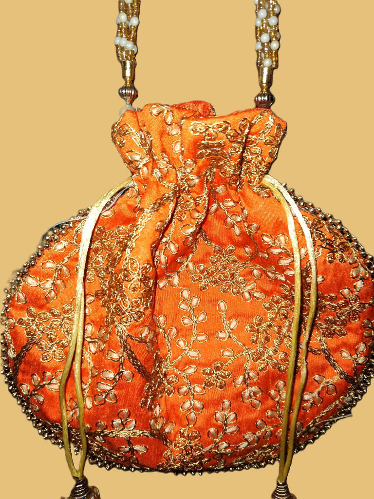 Small Orange Beaded Handbag with Chain Strap and Drawstring - preowned