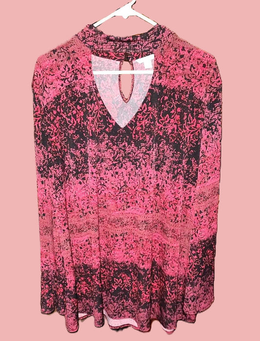 Cato Pink and Black Plus Size 3/4 Sleeve Keyhole Top - preowned