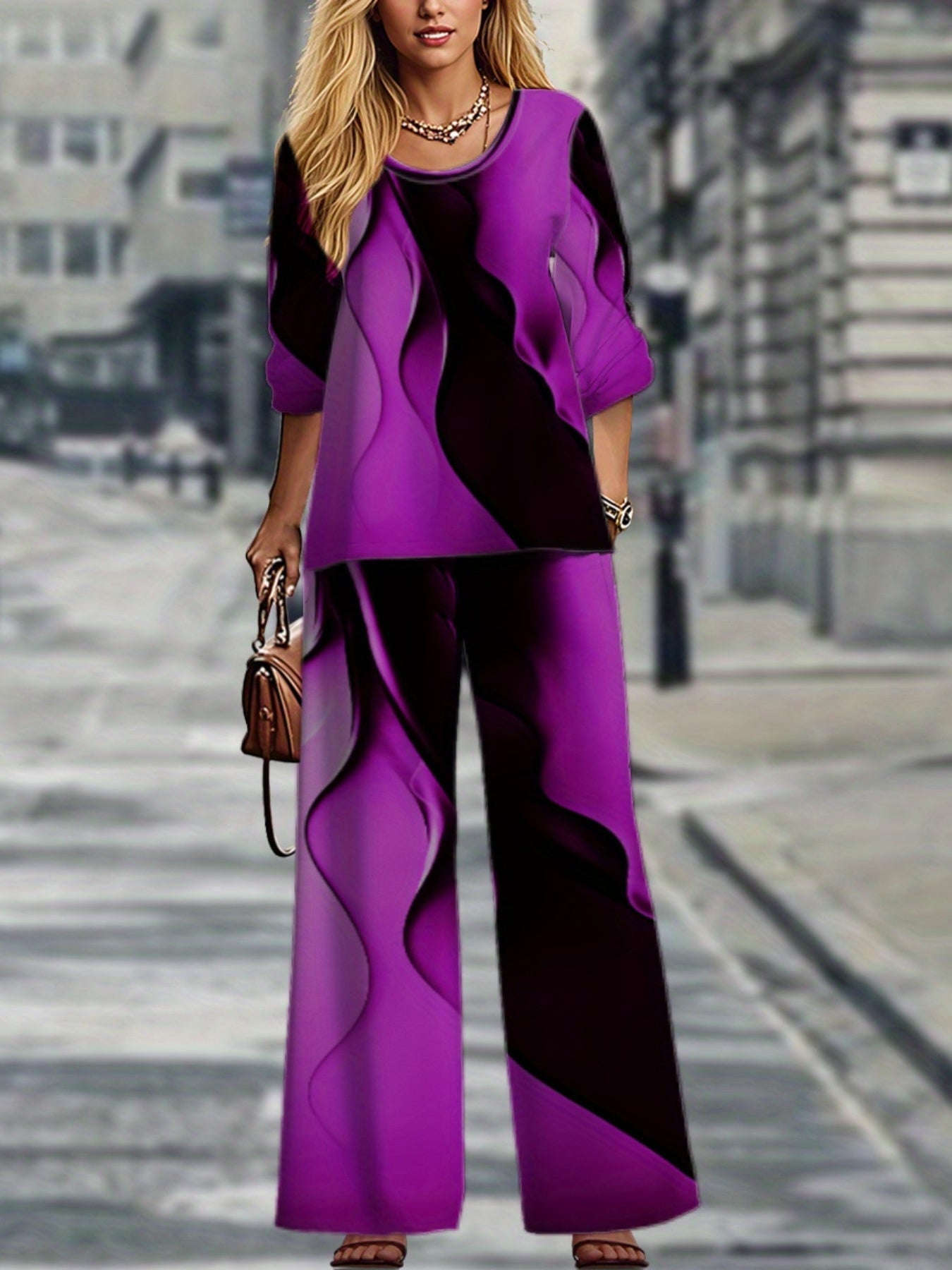 Vibrant  Geometric Plus Size Long Sleeve Top  Pants Set