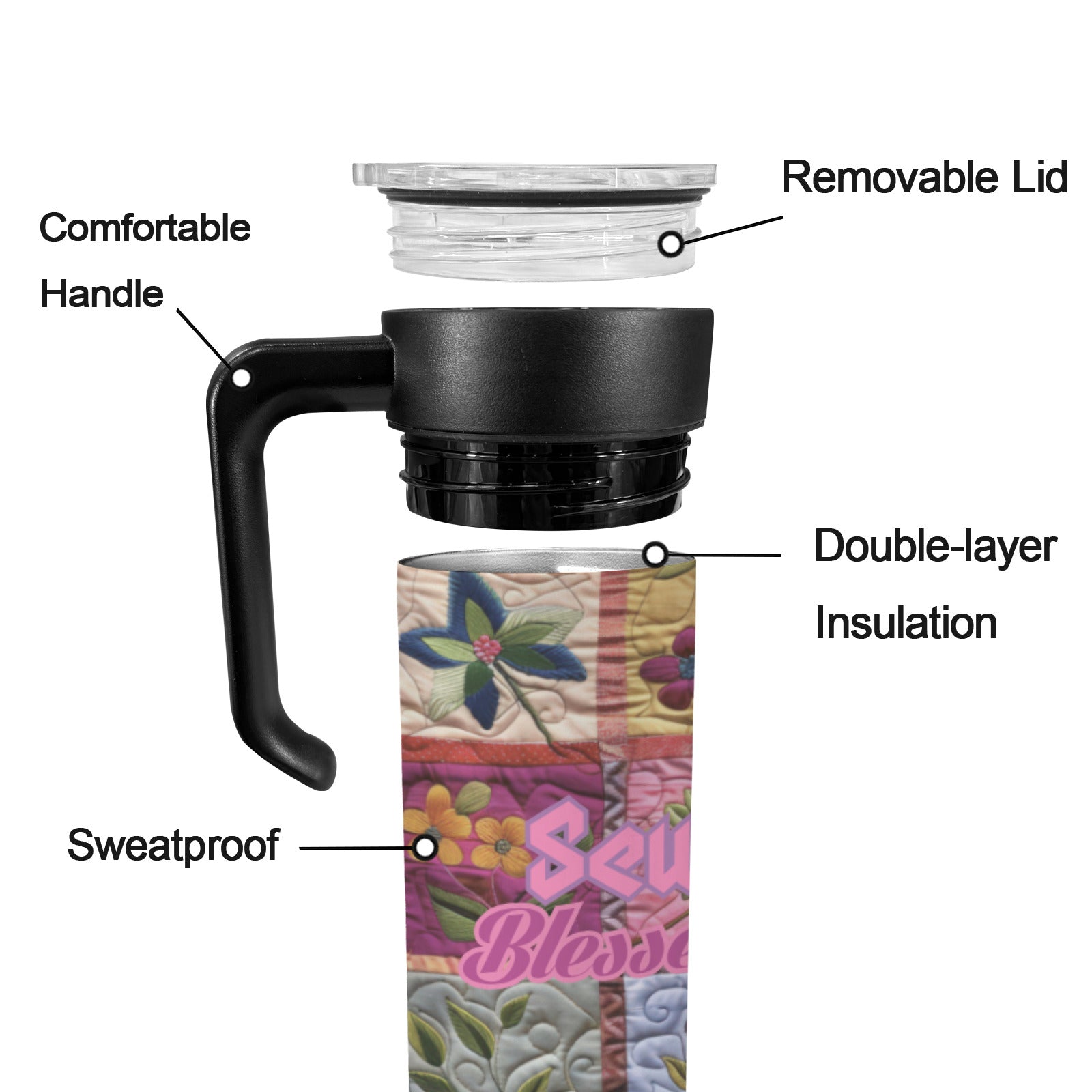 Sew Blessed Quilted Design 20 oz Insulated Water Bottle with Handle | Ships from USA