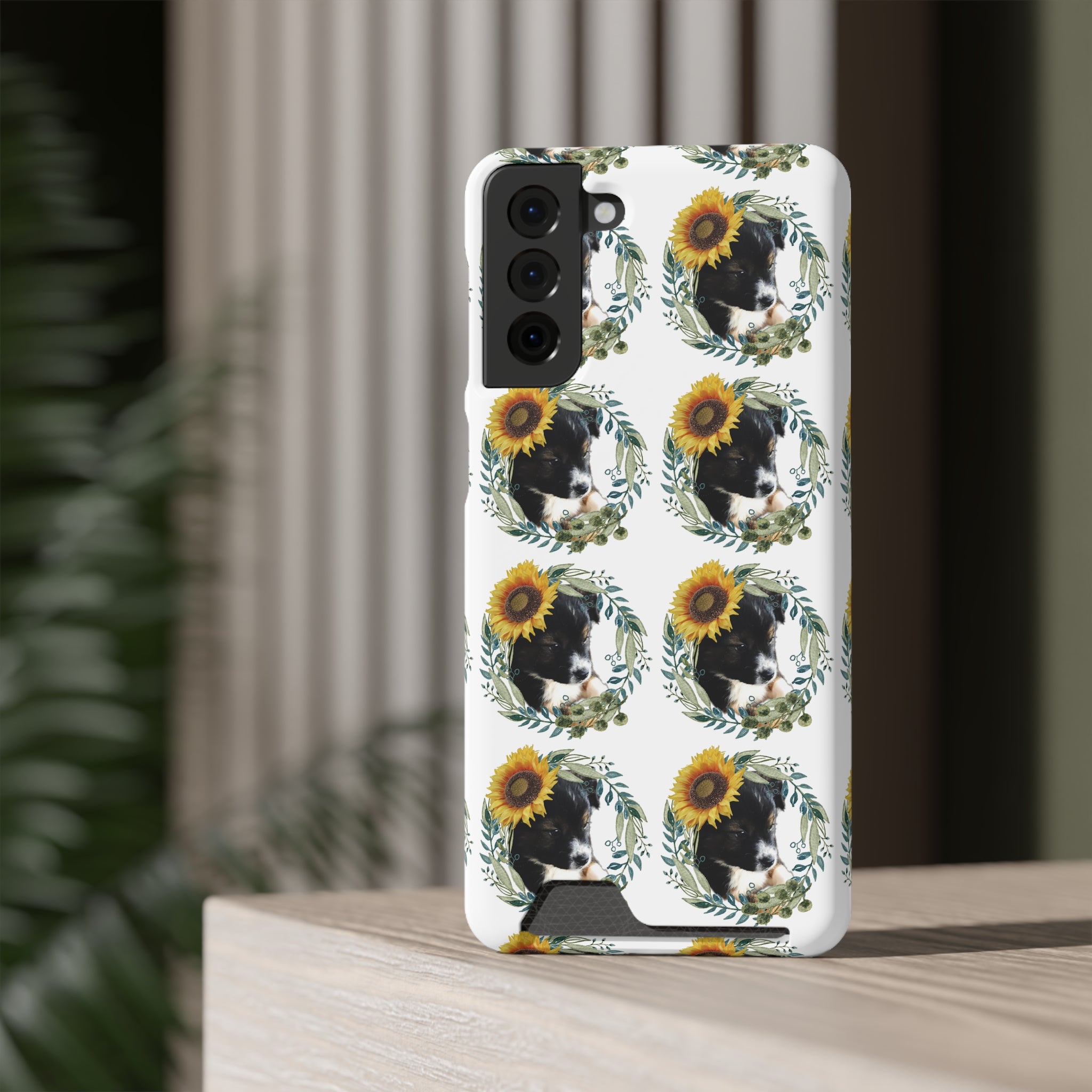 Cute Black Puppy with Sunflowers Phone Case With Card Holder