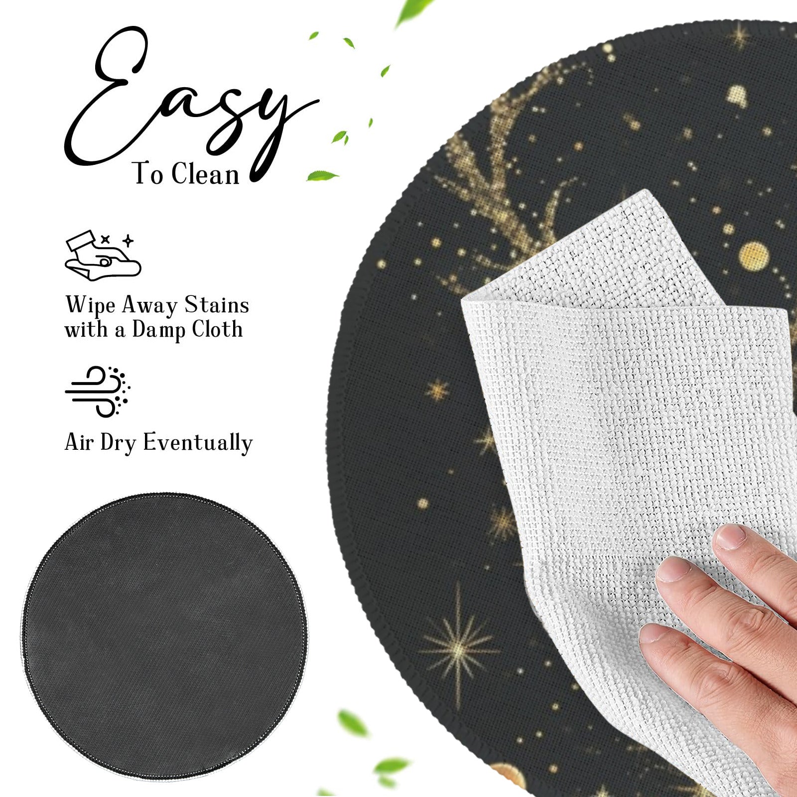 Golden Reindeer And Snowflakes On Black Christmas Custom Round Placemats - 4 pack (Made in USA)