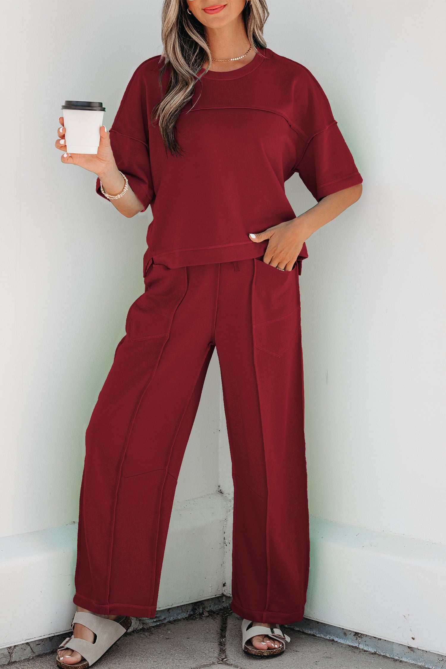Rose Red Drop Shoulder Boxy Tee and Barrel Pants Set