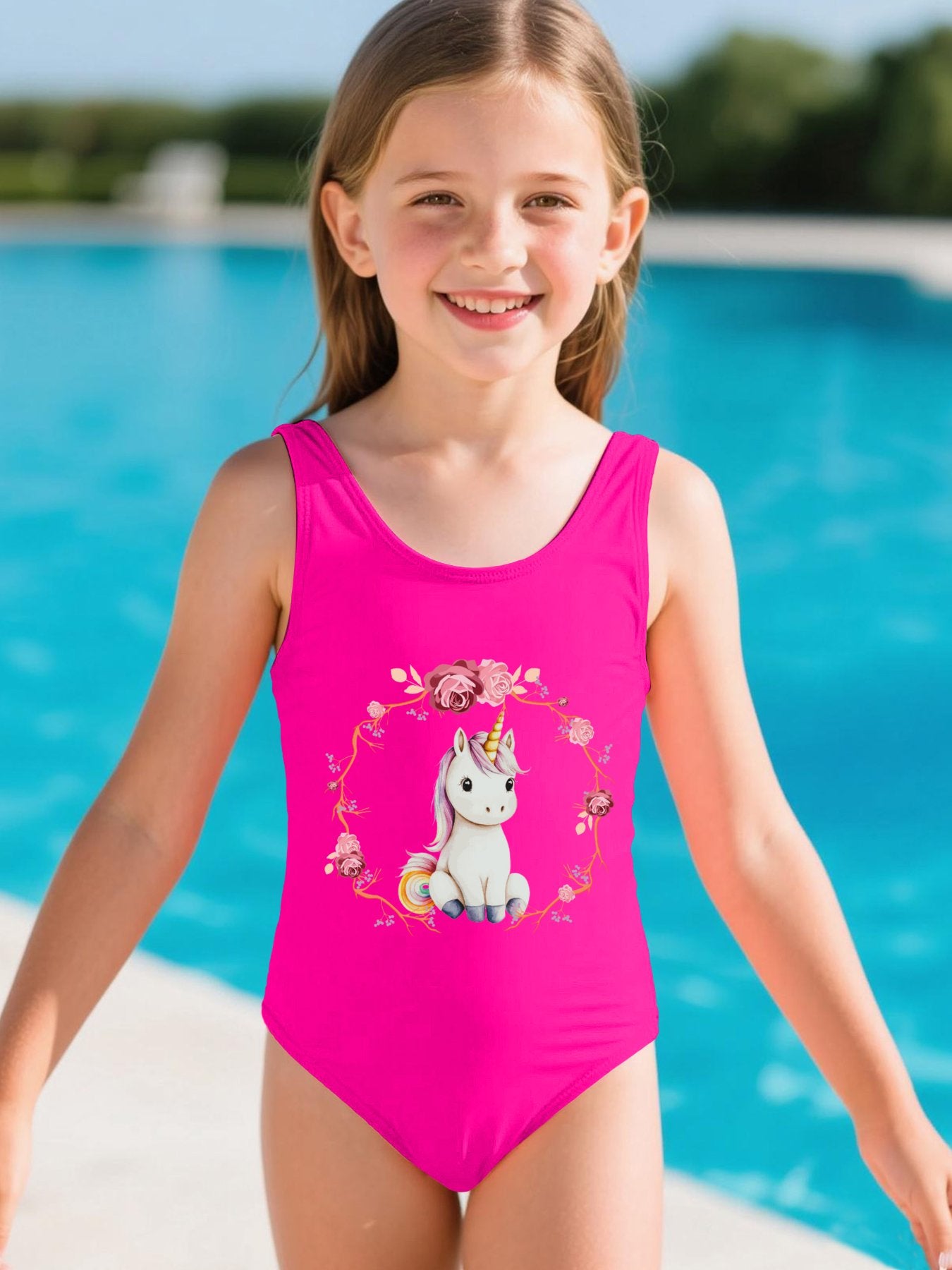 Baby Unicorn with Pink Roses Girls' Summer One-Piece Swimsuit (Front Printing)
