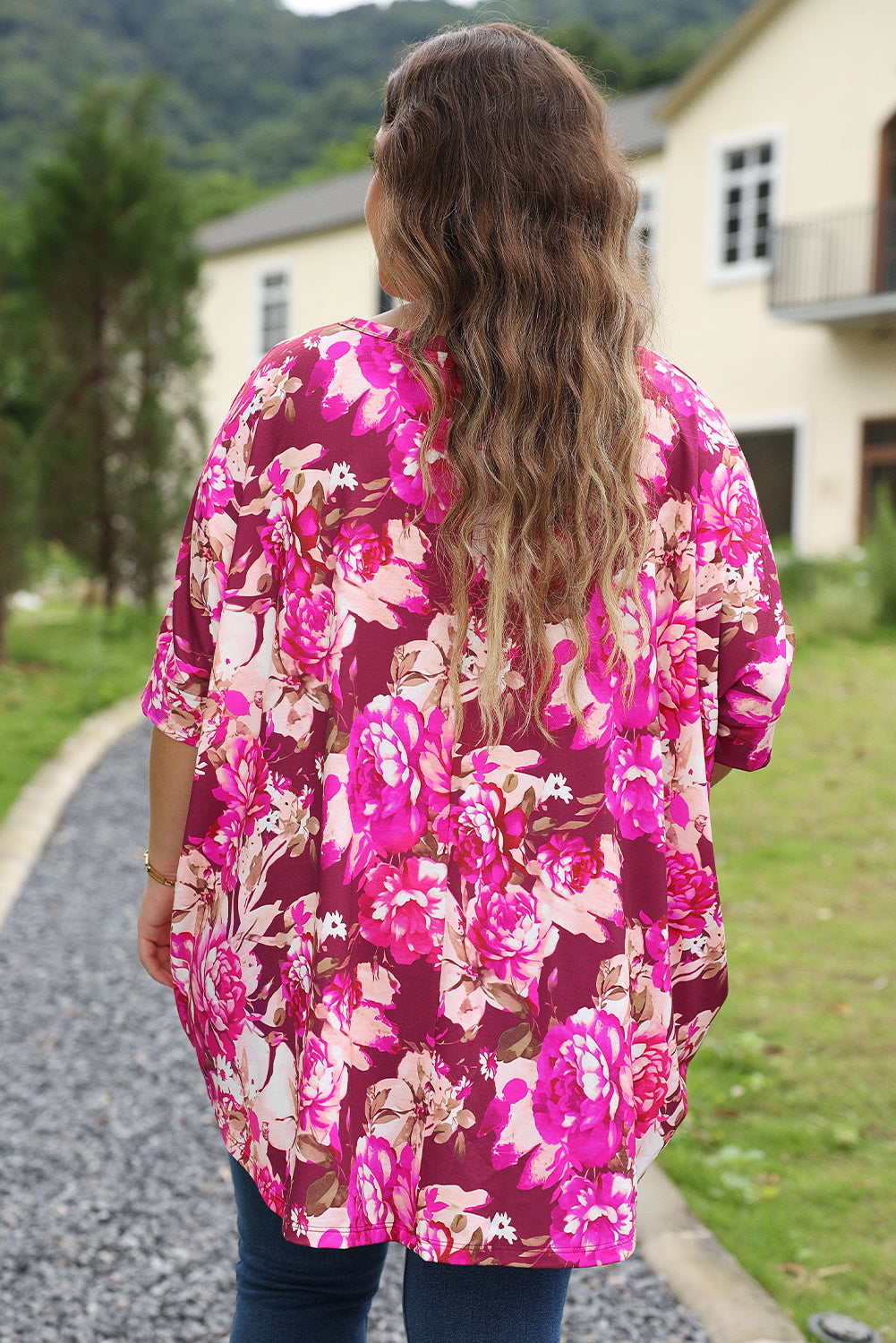 Women's Red Plus Size Floral Print Half Sleeve Shirt