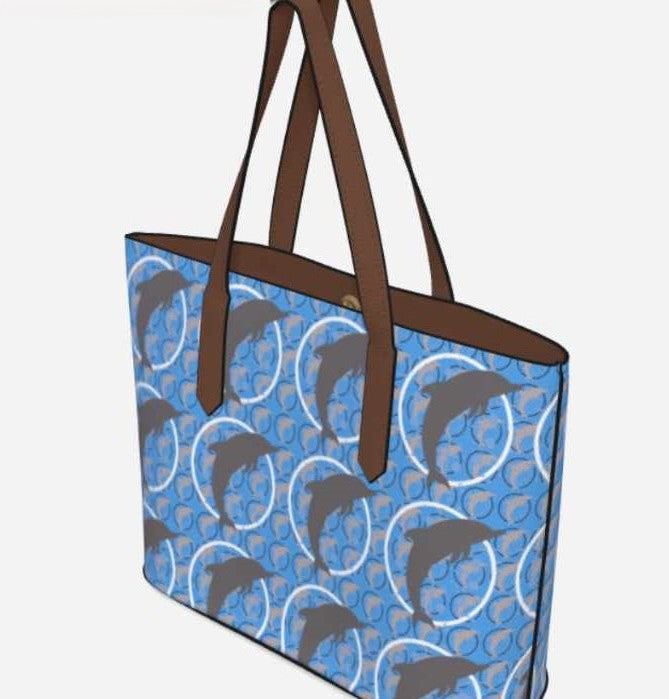 Women's Dancing Dolphins Printed Vegan Leather Tote Bag