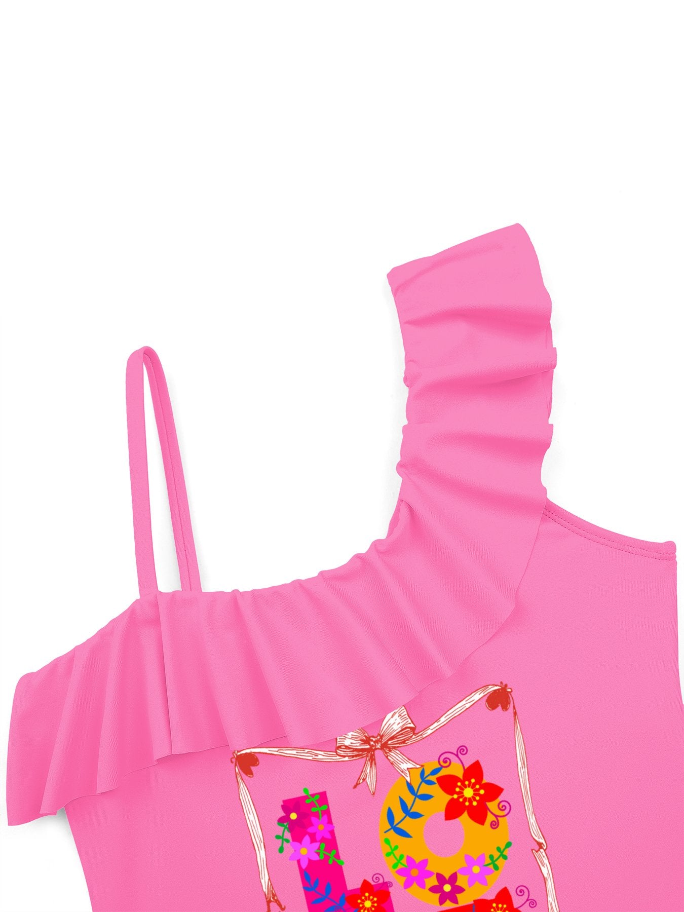 Girl's Floral LOVE Ruffled One-Piece Swimsuit (Front Printing)