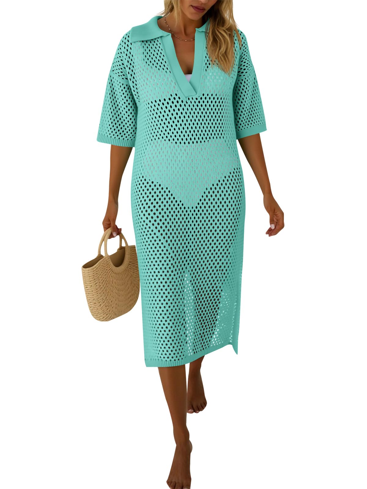 Women's Crochet Hollow Out Short Sleeve Swimsuit Coverup