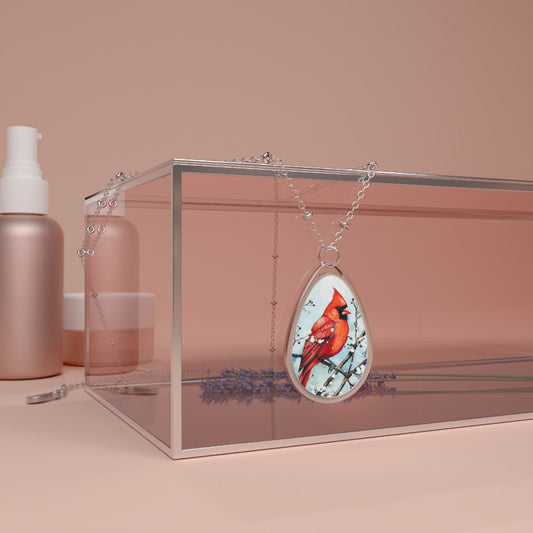 Red Bird in the Snow Oval Necklace