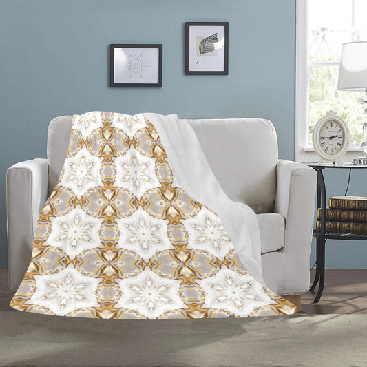 White Flower with Gold Trim Ultra-Soft Micro Fleece Blanket (Made in USA)