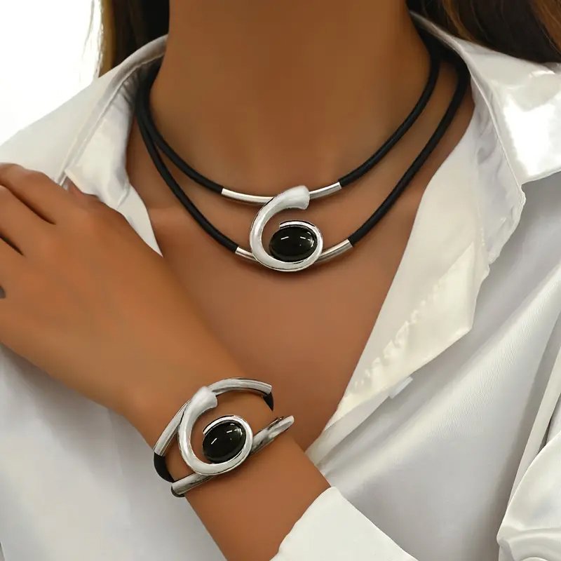 Modern Elegance Black and Silver Leather Choker Set and Bracelet Combo