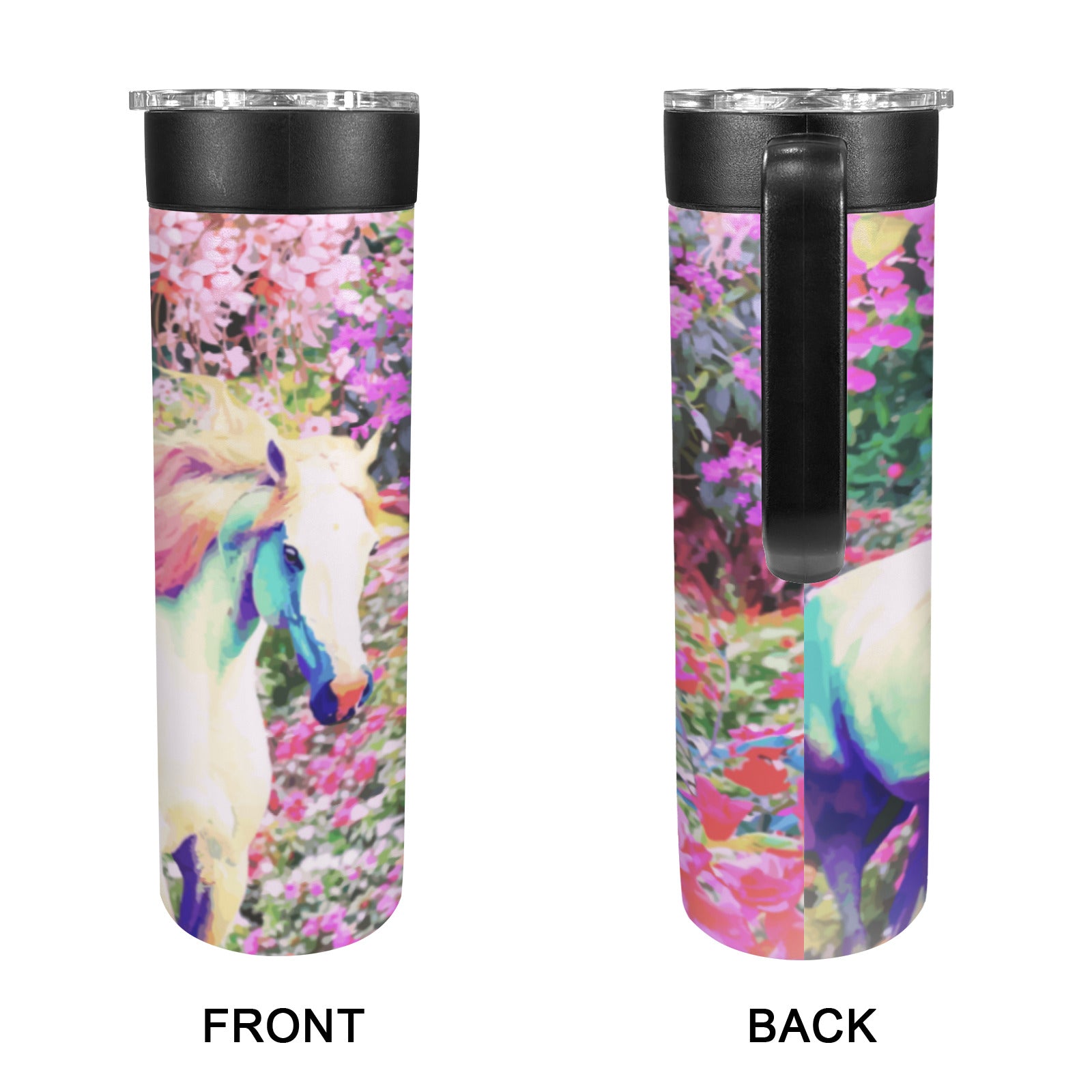 White Horse with Floral Background 600ml Insulated Water Bottle with Screw On Handle