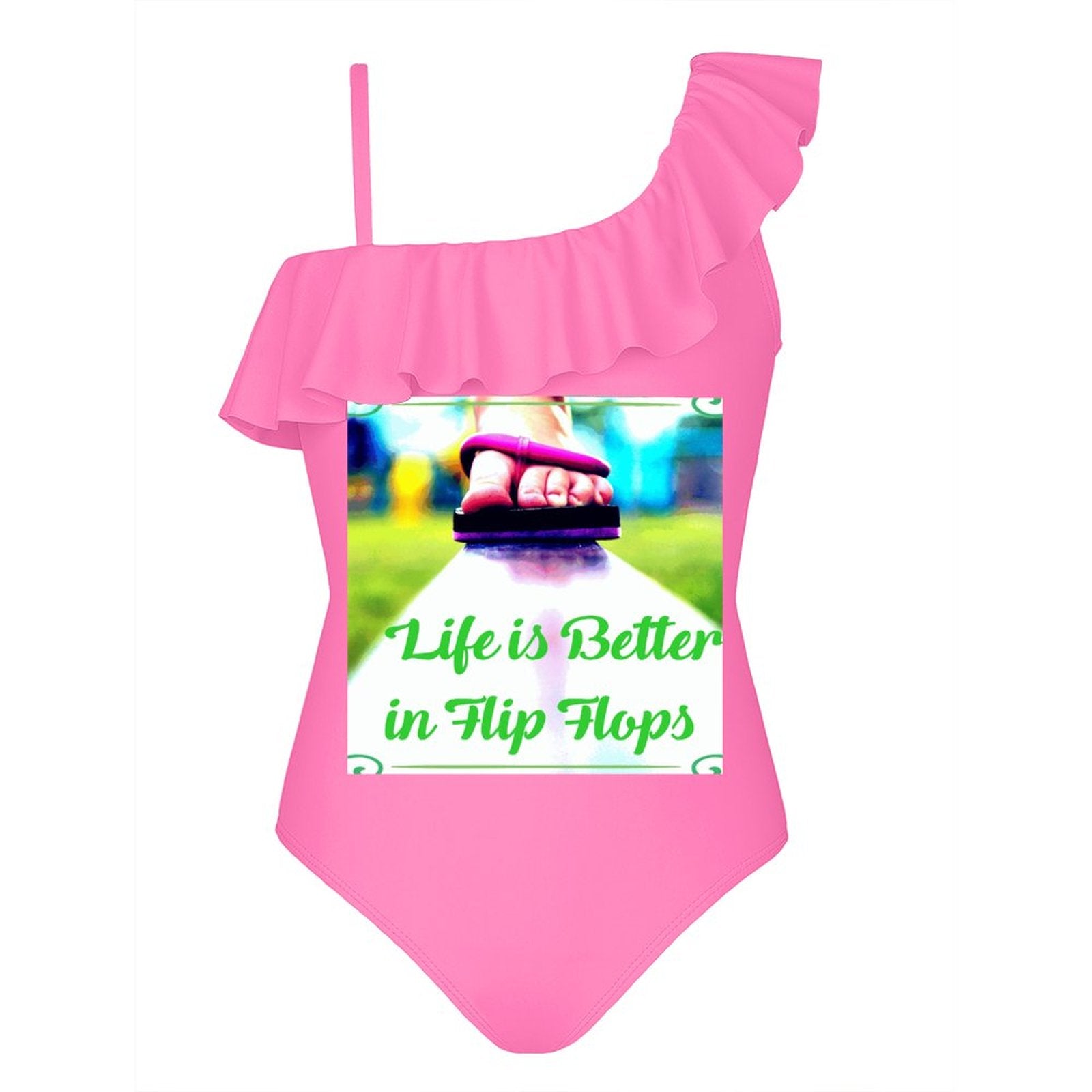 Life is Better in Flip Flops Girls' Ruffled One-Piece Swimsuit with Front Printing