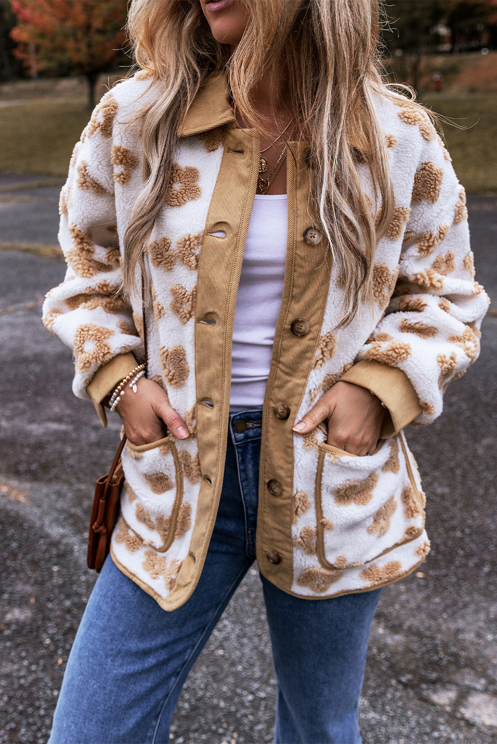 Beige Floral Button-Up Fleece Pocketed Jacket