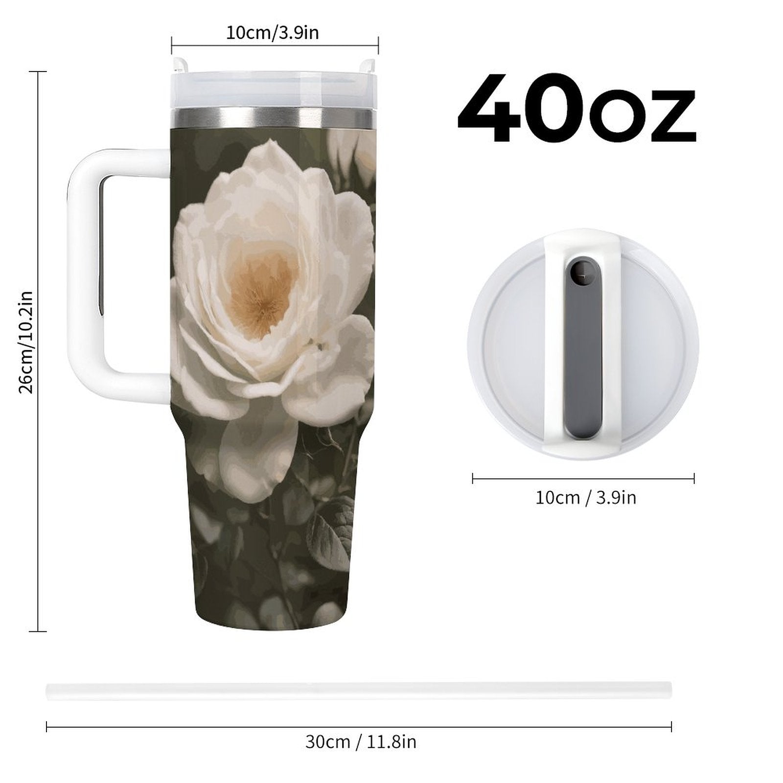 White Rose 40oz Large Capacity Stainless Steel Tumbler Cup