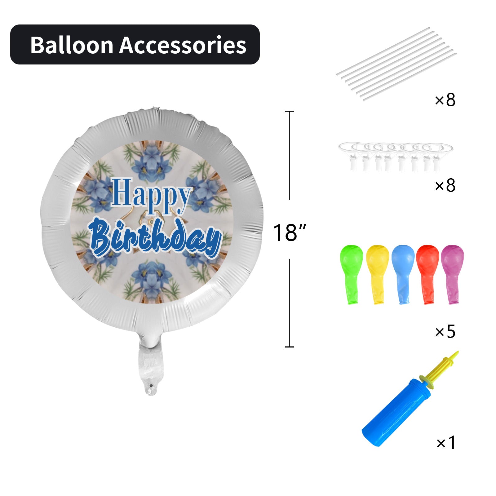 Happy Birthday Blue Floral Design 18-inch Custom Aluminum Foil Balloons - Pack of 3 (Made in USA)